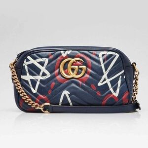 Gucci Blue Ghost Print Quilted Leather Marmont Metalasse Small Shoulder Bag